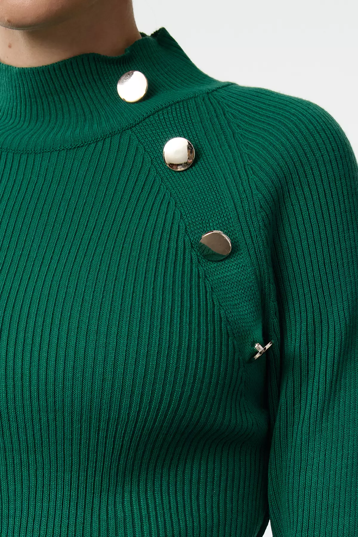 Green Button Stand Collar Detail Slim Fitted/Full Body Knitwear Sweater