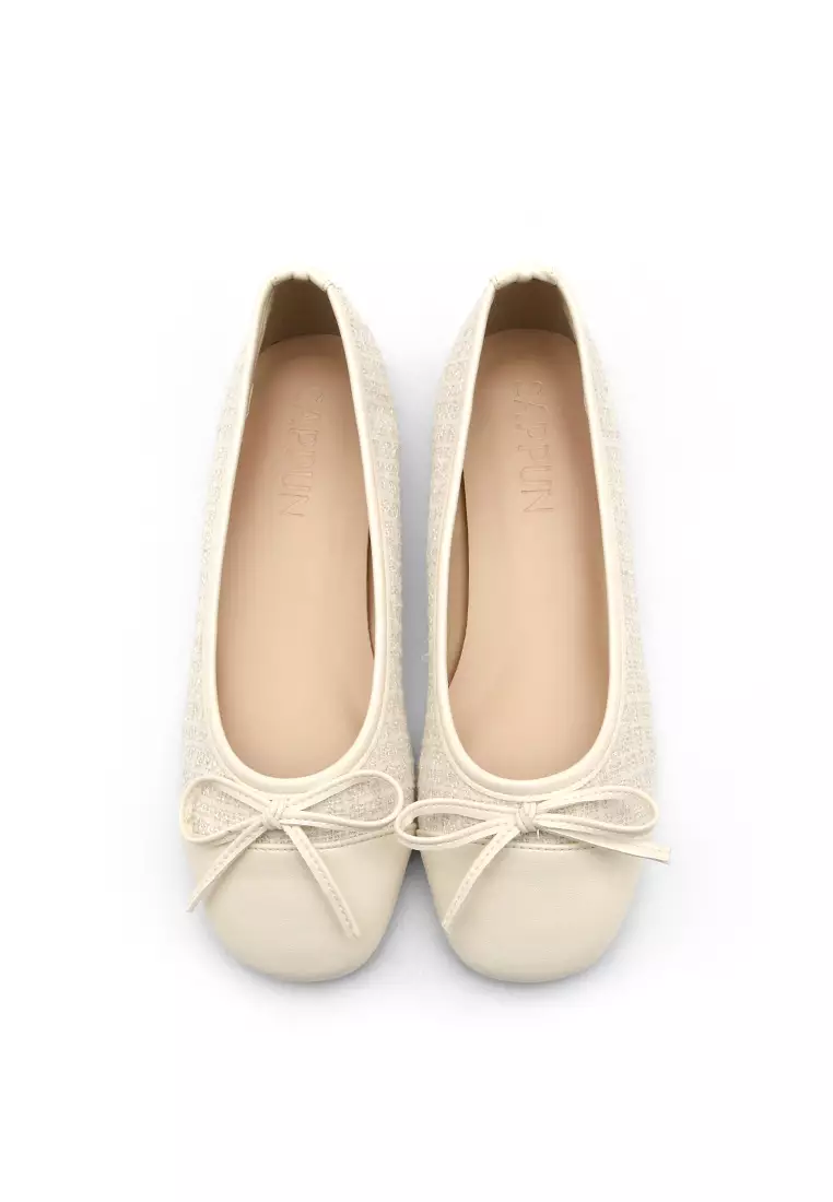 Malette Tweed two tone Ribbon Flats (1cm) - Ivory