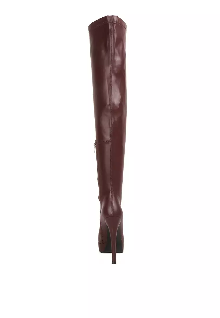 Buy London Rag Burgundy Stretch PU High Heeled Long Boots 2024