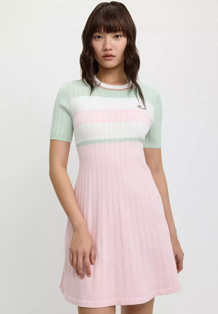 Short Sleeve Color Block Round Neck Ribbed Dress - Pink