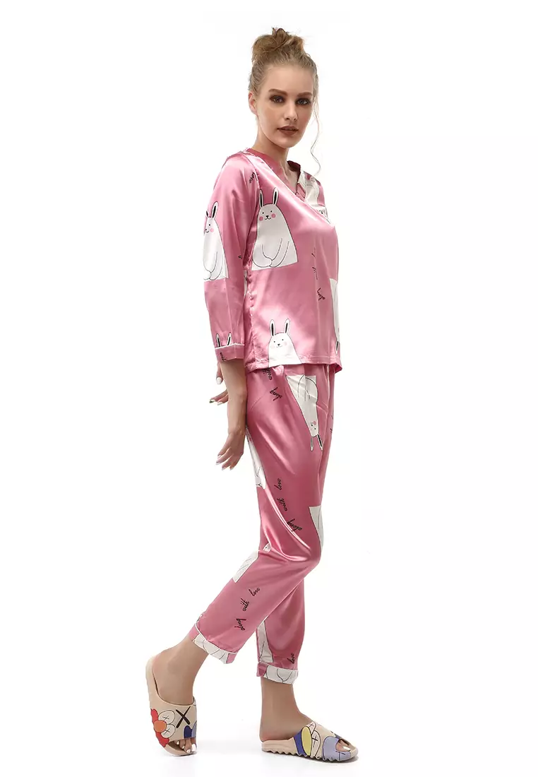 Vance Setelan Piyama Baju Tidur Wanita Buny Pig Lengan Panjang Material Satin ORIGINAL - Pink