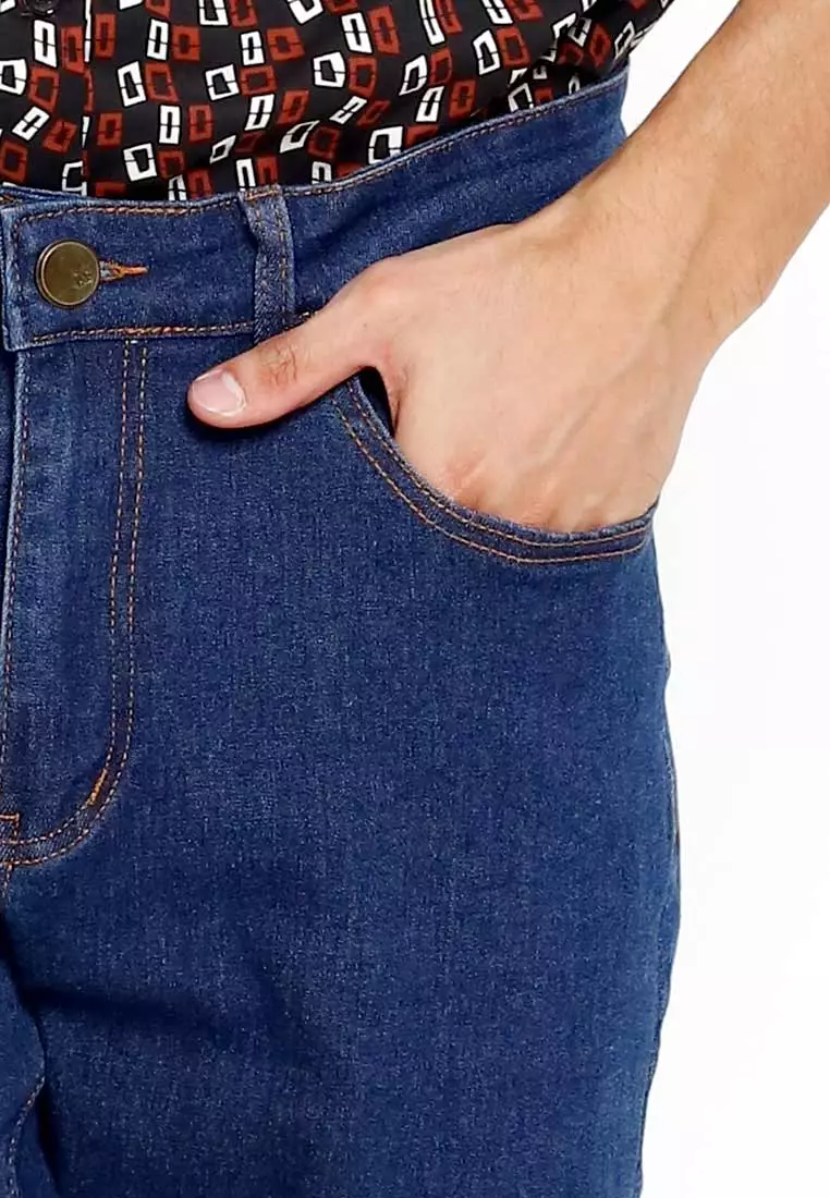 Forest Stretchable Regular  Straight Cut Denim Long Pants Men - 610227-31Blue
