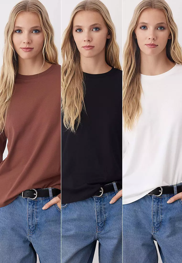 Black-Ecru-Brown 3-Pack 100% Cotton Crew Neck Long Sleeve Oversize/Wide Cut Knitted T-Shirt