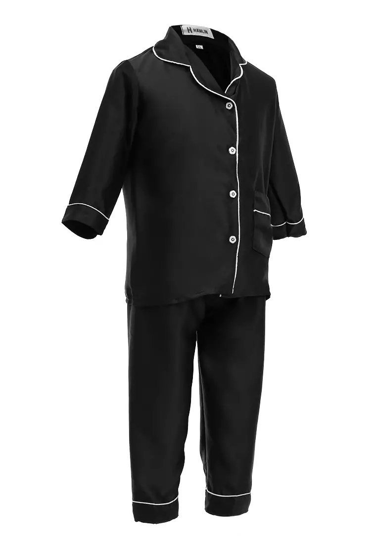Joyce Piyama Anak Unisex Lengan Panjang Kids Pajamas Motif Polos Material Satin ORIGINAL - Black