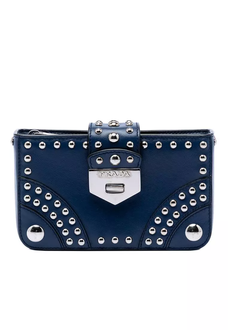 Pre-Loved Prada City Calfskin Studded Elektra Turn Lock Clutch