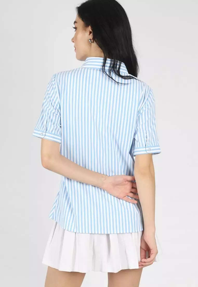 Kemeja Lengan Pendek Pierre Cardin Wanita Aleena Stripe Blue