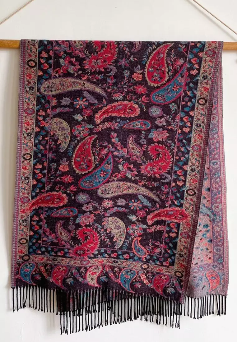 Syal Wanita Reversible Paisley Pattern Cashmere Pashmina Shawl Regal Maroon