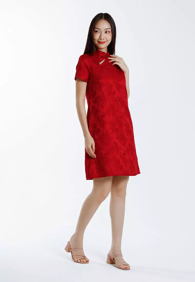 Forest Ladies Jacquard Cheongsam Dress Women A-Line Cheongsam - 885097-50DkRed