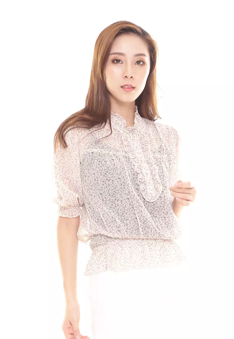 Ruffle Printed Collar Top in Light Brown