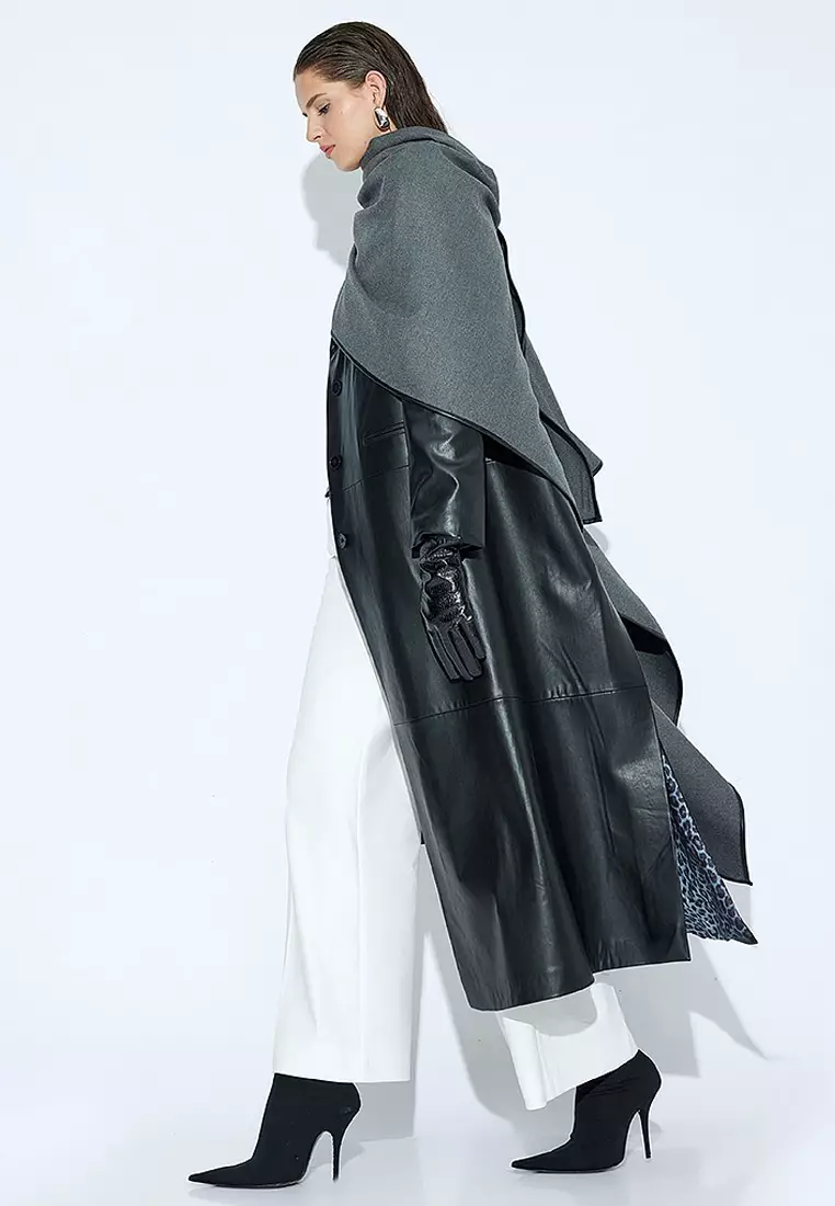 Extra Long Faux Leather Trench Coat Double Breasted Buttoned Pockets
