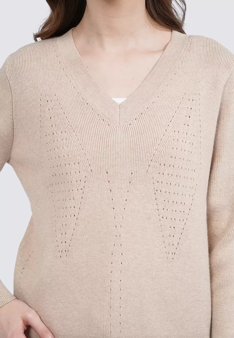 V-Neck Long Sleeve Sweater BEIGE