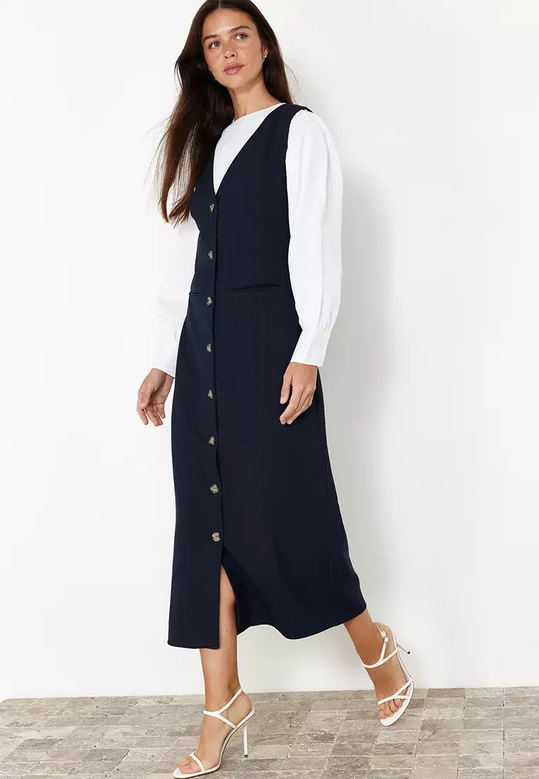 Navy Blue Woven Fabric Gilet Dress Tctss24Eb00202
