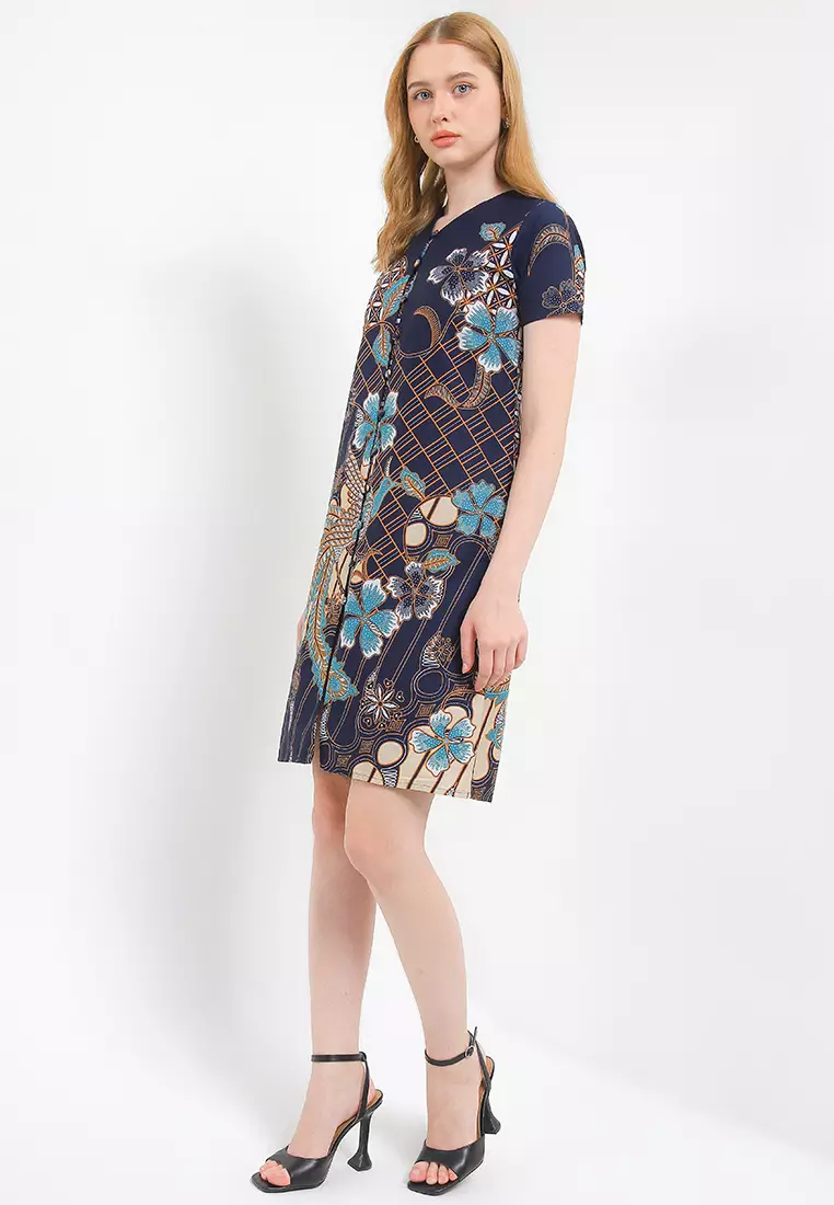 Dress Wanita Full Kancing Batik Furing Lining Alerica Navy Lengan Pendek