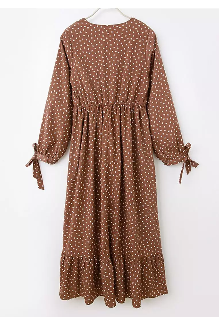 V-Neck Polka Dot Long Sleeve Tie-Waist Flared Midi Dress with Ruffle Hem [DA9448]