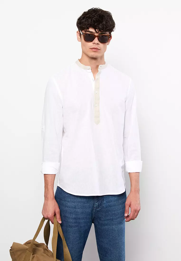 Palma White Mandarin Collar Linen Shirt - Slim Fit