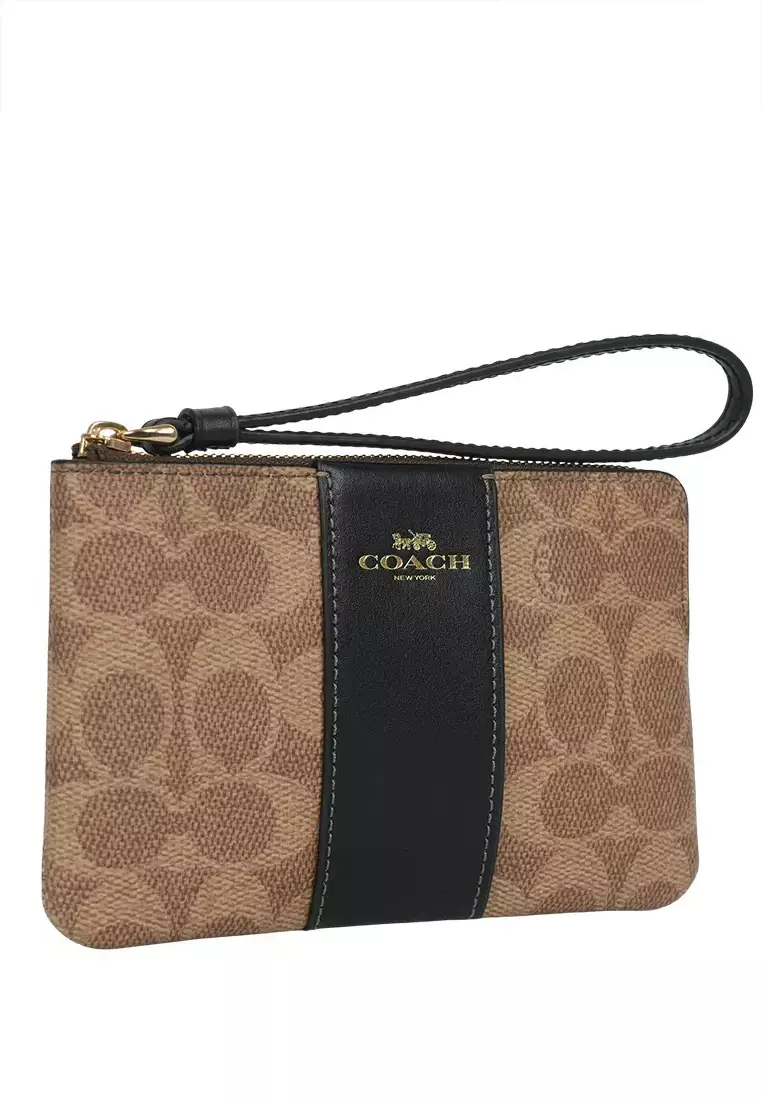 Corner Zip Wristlet In Signature Canvas With Stripe - Tan/Black