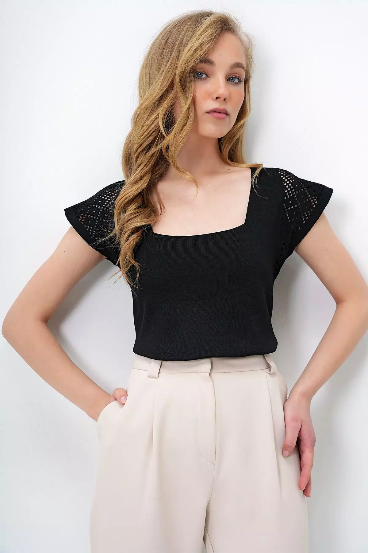 Women's Black Square Neck Openwork Summer Knitwear Blouse
