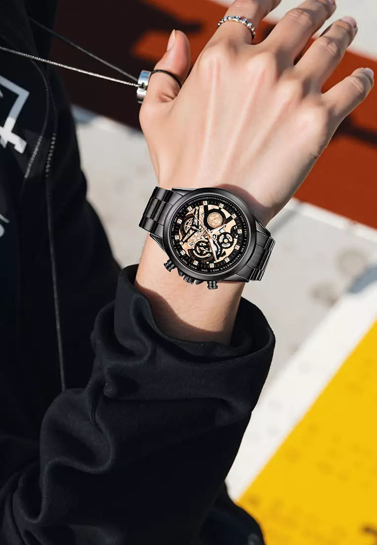 Jam Tangan Pria 3352 Bercahaya Dial Berongga Santai Mode Tali Stainless Steel Kalender Jam Tangan Cowok black