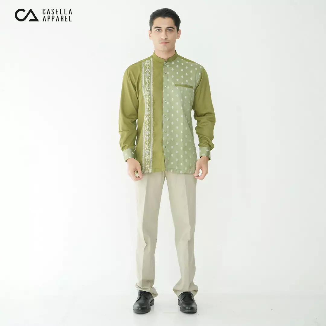 Casella Baju Koko Pria Lengan Panjang Premium | Baju Koko Batik Riyadh 9985 Army