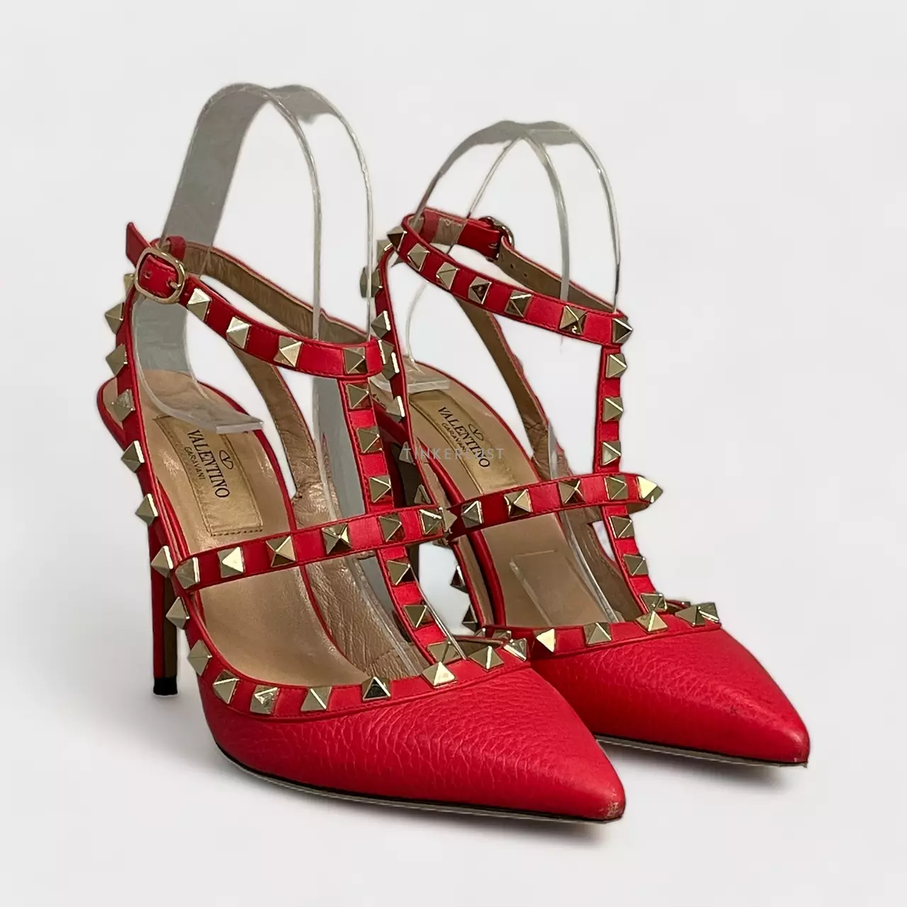 Jual Valentino Garavani Preloved Valentino Garavani Caged Stud Red Pebbled Leather Heels