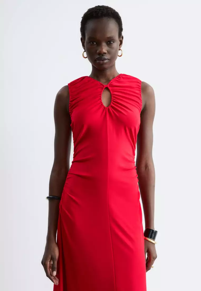 Ruched Keyhole-Neck Midi Dress