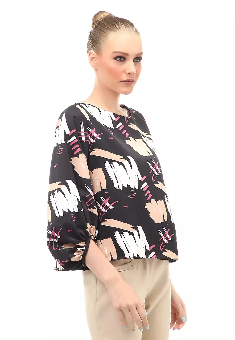 Blouse Atasan Wanita Lengan Panjang Model Puff Motif Abstrak Regular Fit - Hitam