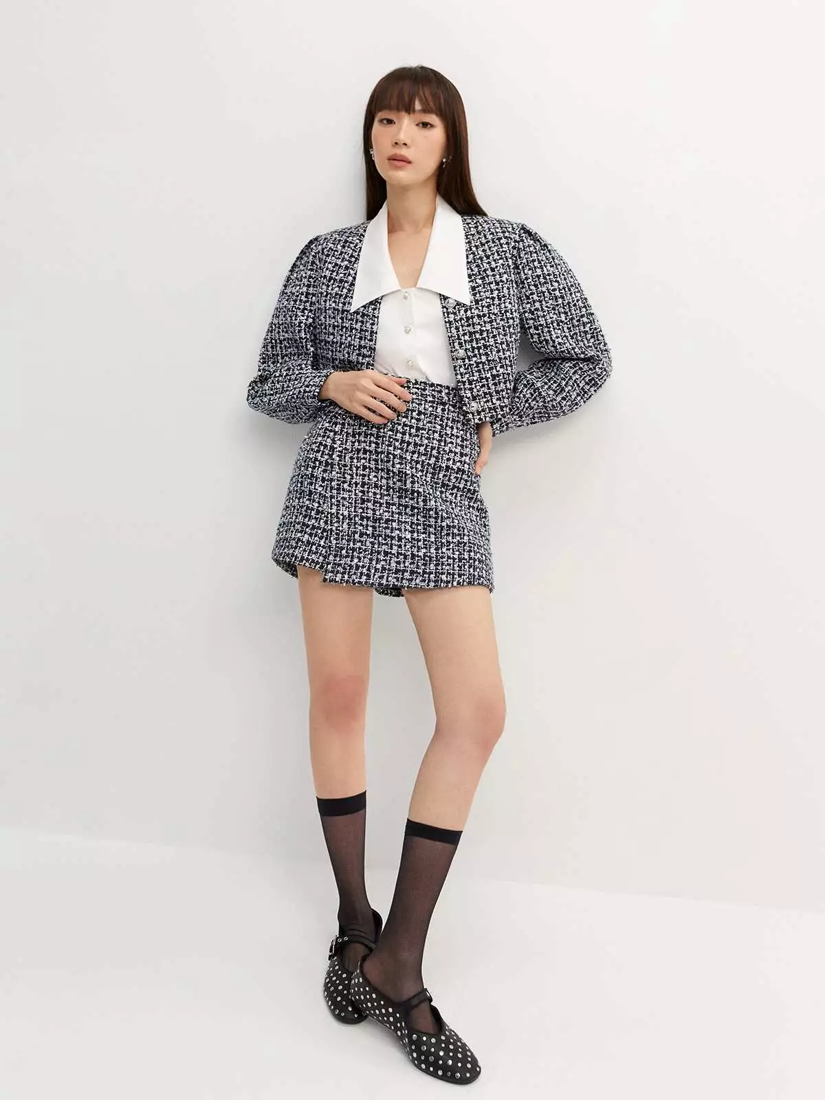 Cropped Tweed Jacket - Navy