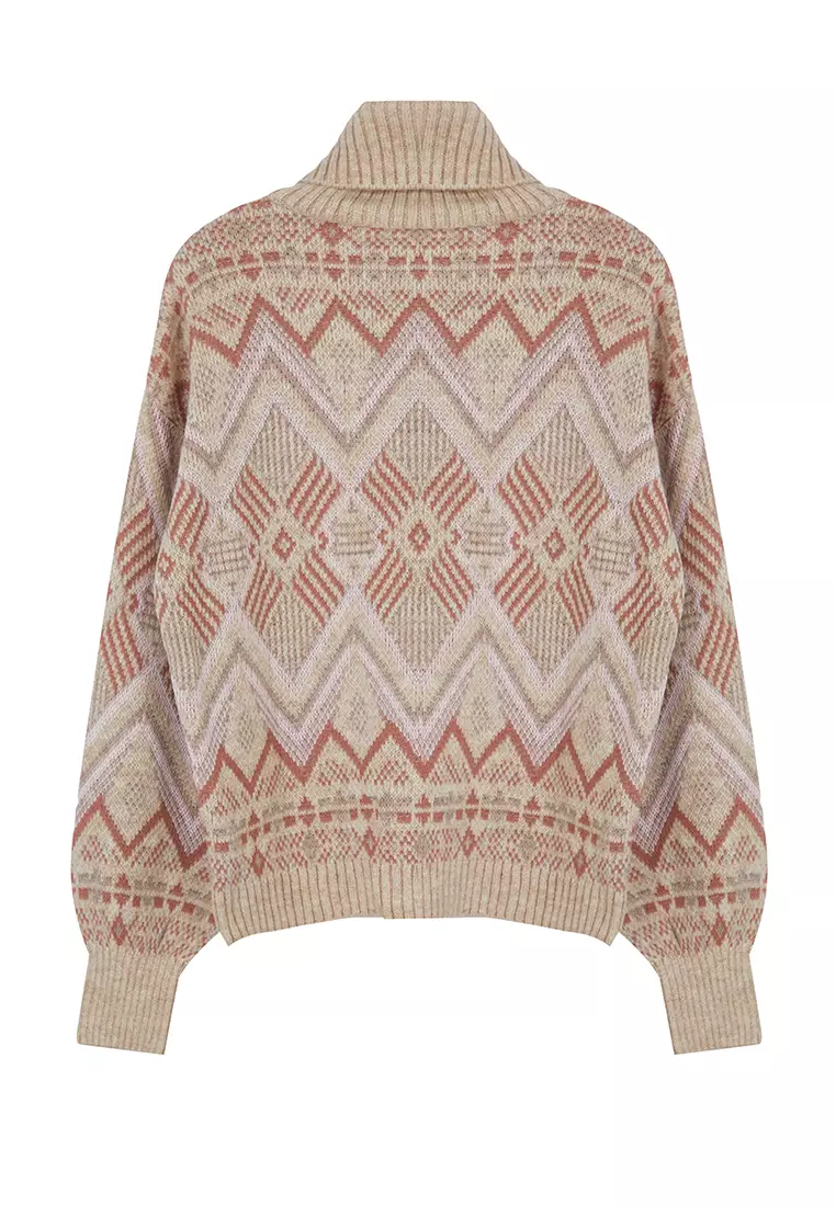 Stone Ethnic Pattern Soft Texture Wide Fit Turtleneck Knitwear Sweater