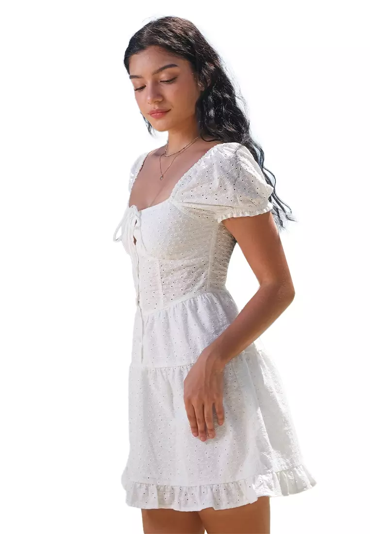 Embroidered Eyelet Corsetry-Like Tiered Short Dress With Puff Sleeves, Smocking, And Lace Ruffle Trim