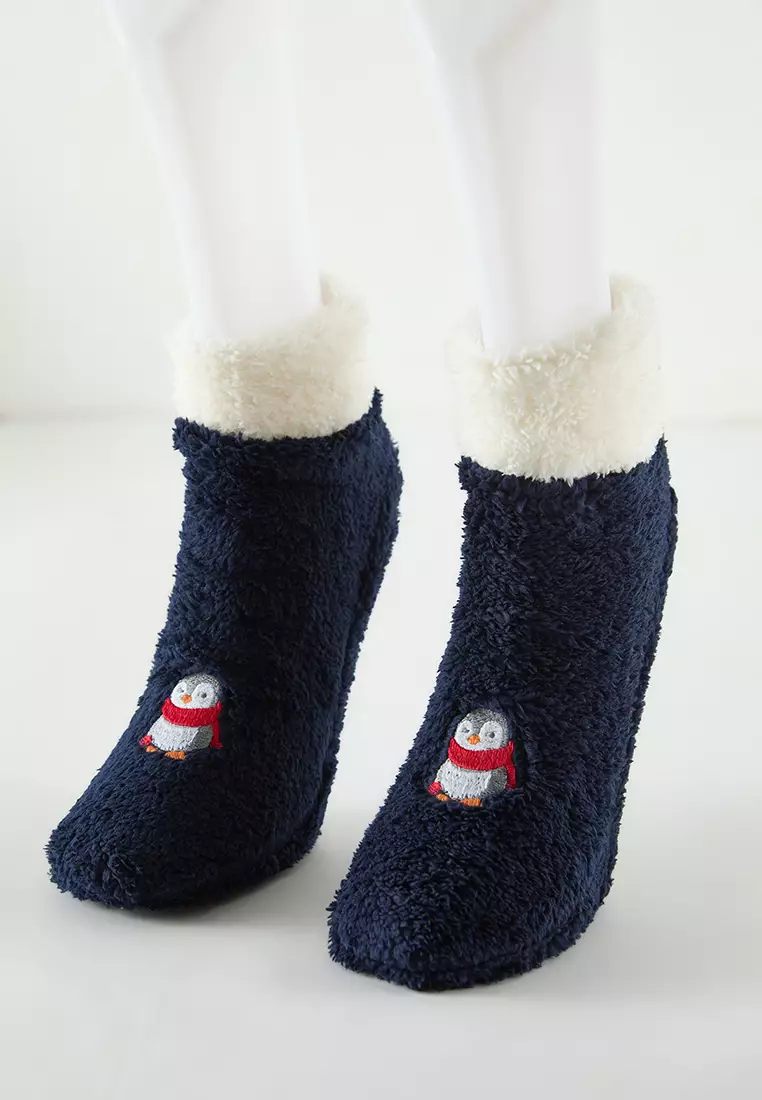 Navy Blue-Multi Colorful 2 Pack Winter Themed Embroidered Terry Knitted Socks THMAW25CO00003