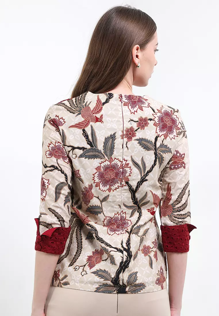 Blouse Atasan Batik Wanita Exclusive Premium Cavera Lengan 7/8 Cream
