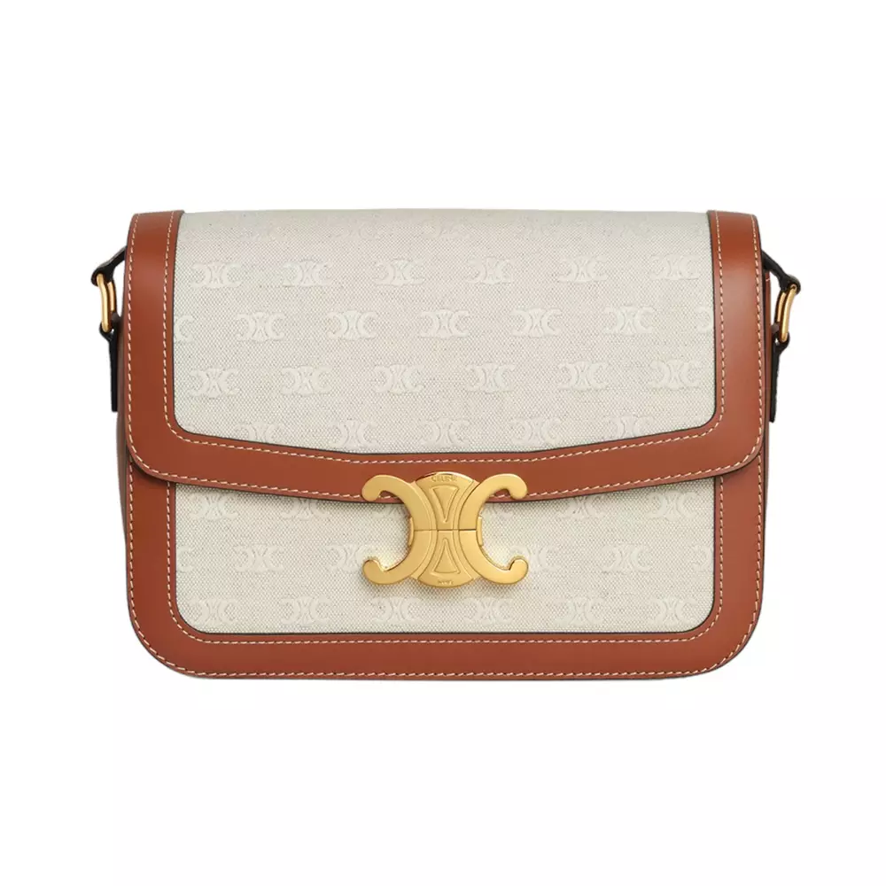 SMALL BOSTON CUIR TRIOMPHE IN TEXTILE AND CALFSKIN - NATURAL / TAN