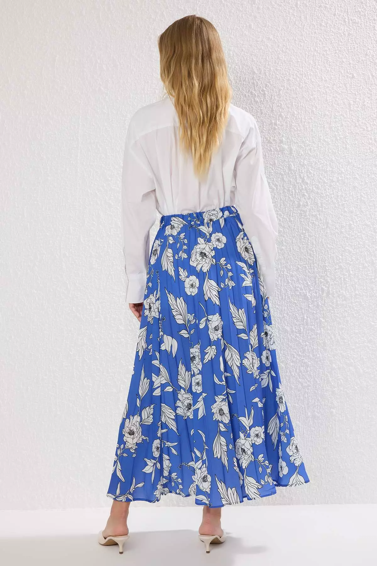 Dark Blue Floral Patterned Pleated Woven Skirt With Elastic Waist Tctss23Ee00018