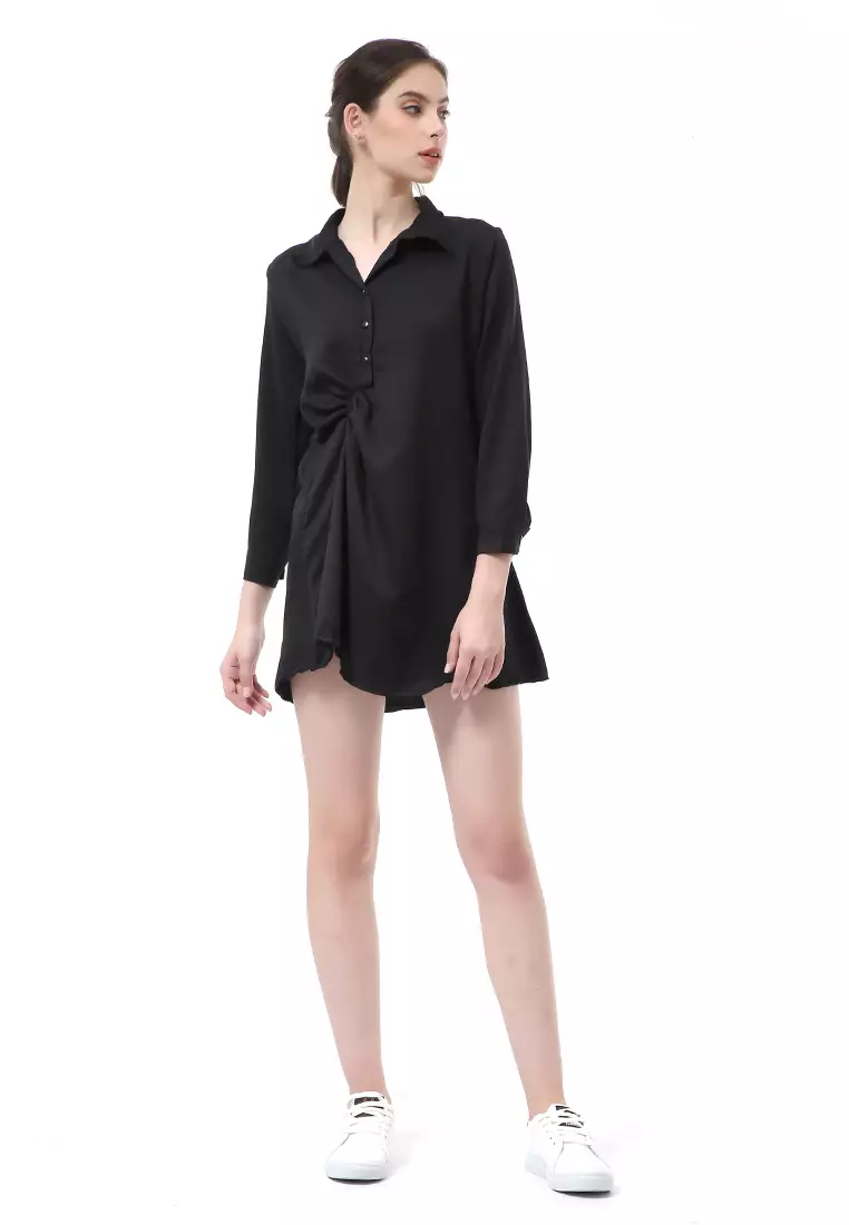 Rachel Mini Dress Wanita Model Kancing Palin Motive lengan Panjang Material Moscrepe ORIGINAL - Black