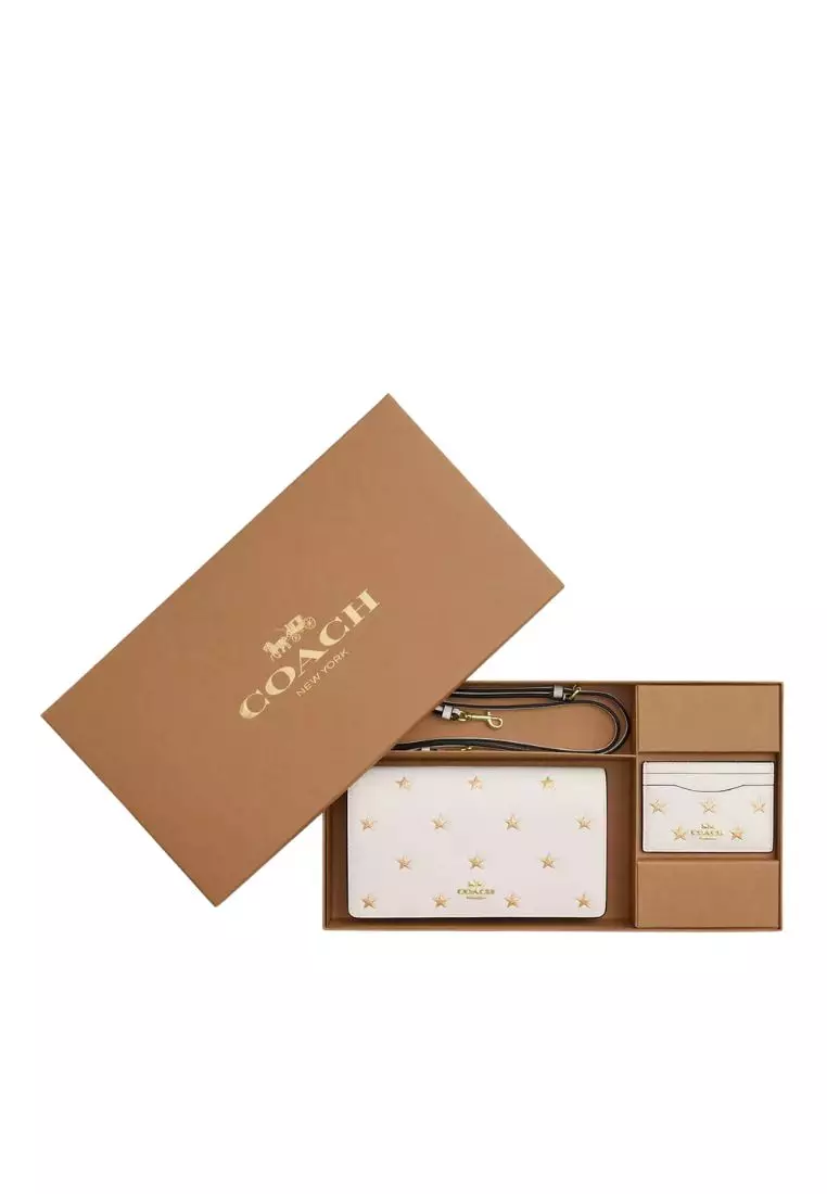 Boxed Anna Foldover Clutch Crossbody Bag And Card Case Set With Star Print Gold Chalk Multi