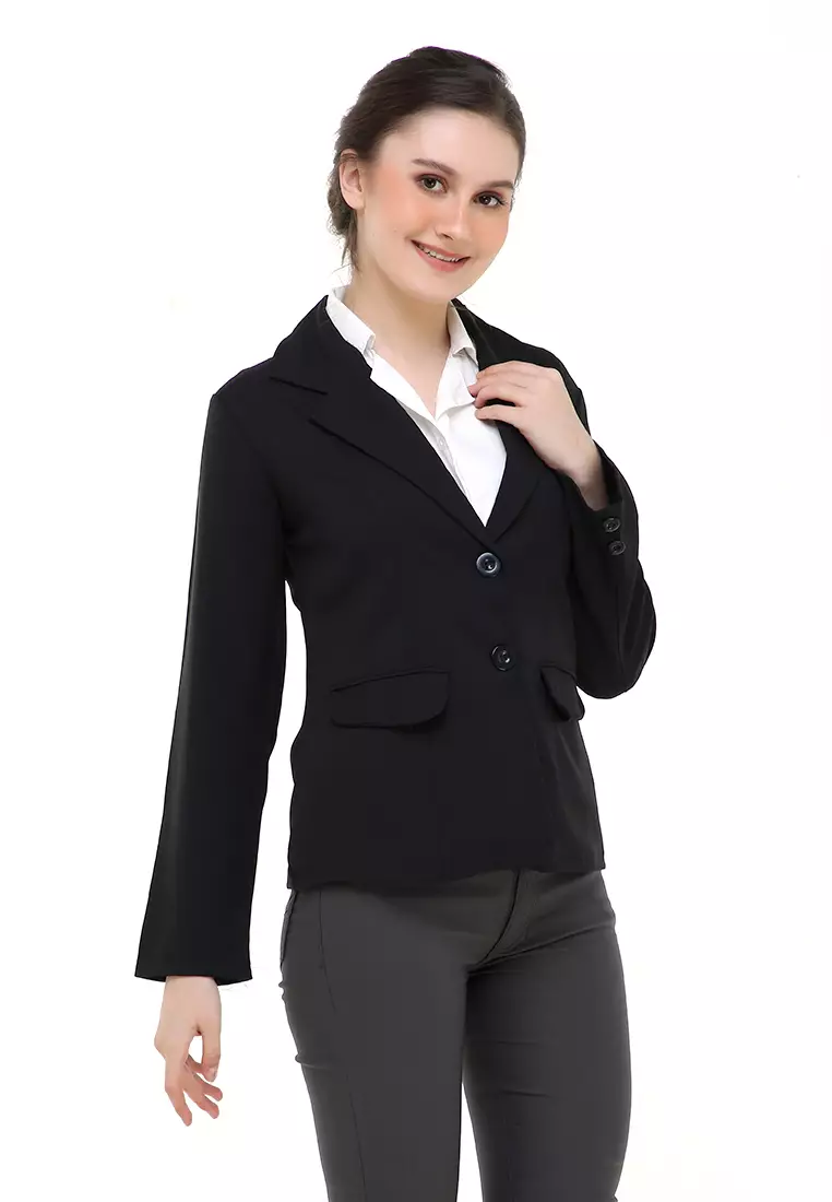Qemsya Jas Blazer Wanita Two Pockets Two Button Formal Longsleeve Suit Material Polyester ORIGINAL - Black