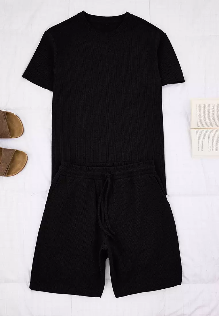 Black Regular Cut 3-Pack Textured Tracksuit Set Tmnss26Em00002