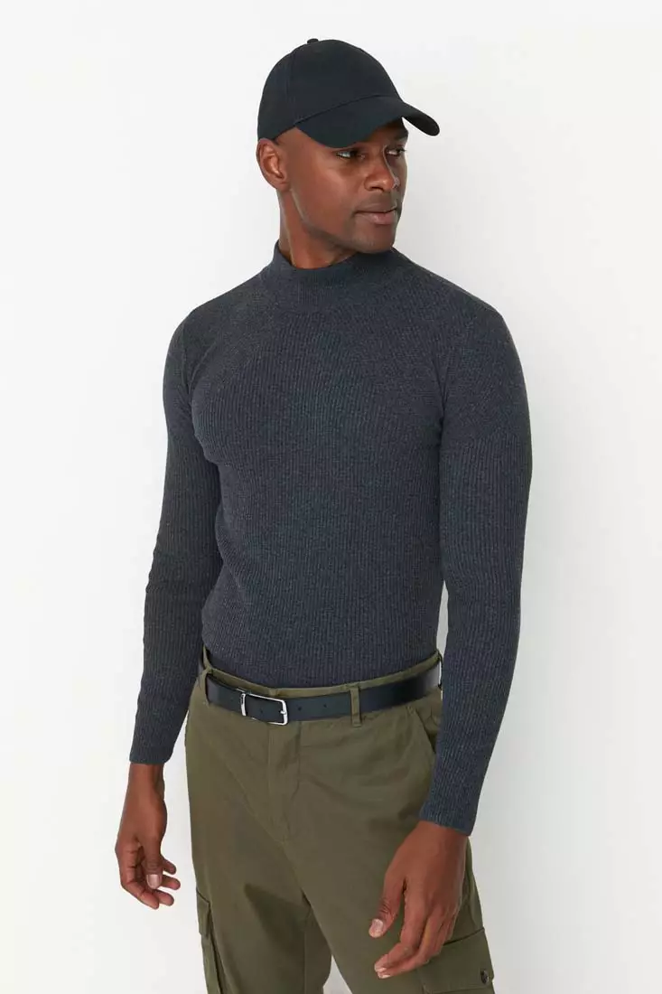Anthracite Men's Fitted Tight Fit Half Turtleneck Corduroy Knitwear Sweater.