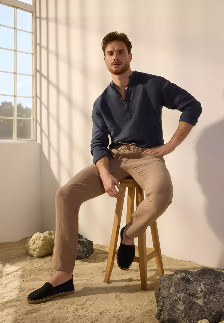 Beige Limited Edition 100% Linen Regular Fit Trousers  TMNSS24PL00018