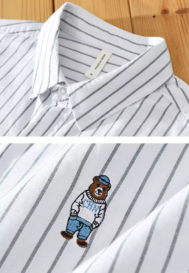 Cartoon Embroidery Stripe Short-Sleeved Shirt WM8869