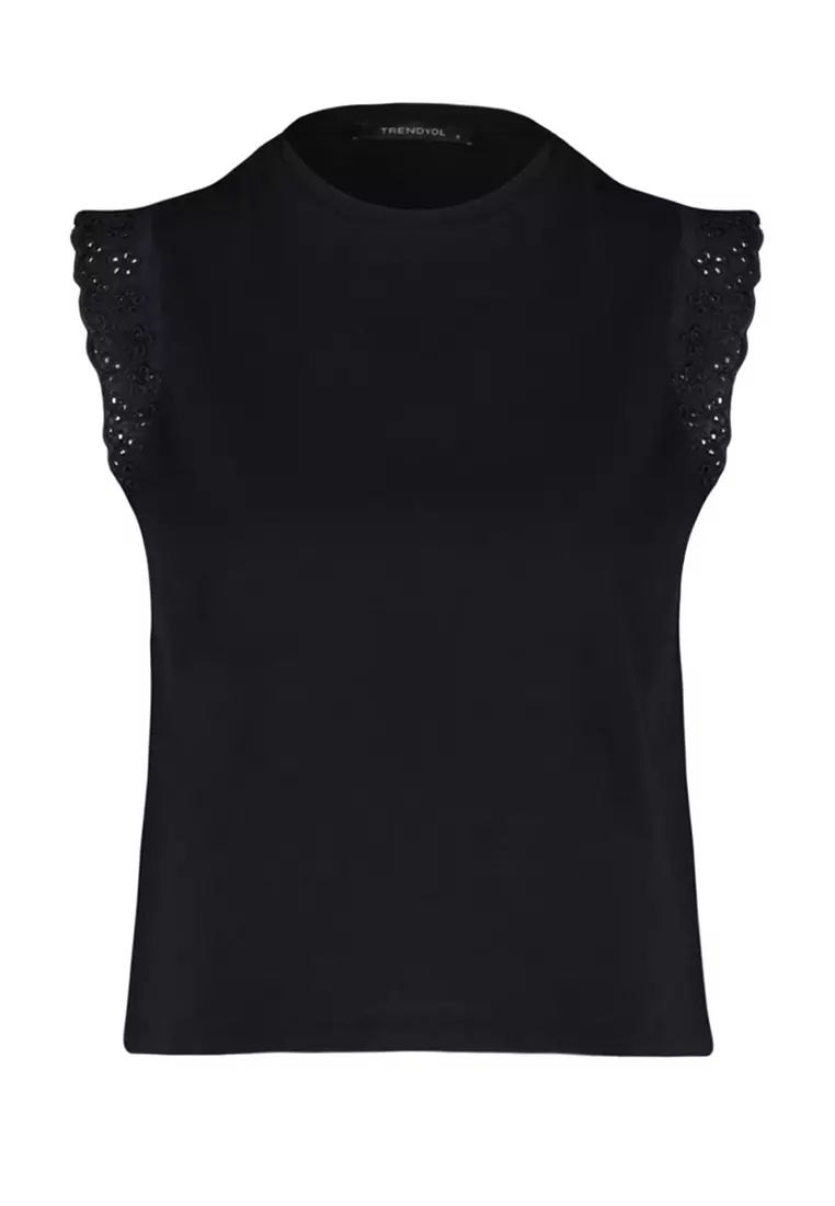 Buy Trendyol Black Embroidered Detailed Crewneck Knitted Blouse Online