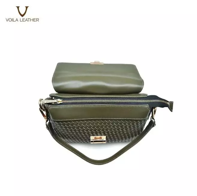 Medium Tote Selempang Anyam Kulit Asli Voila Gemima Green