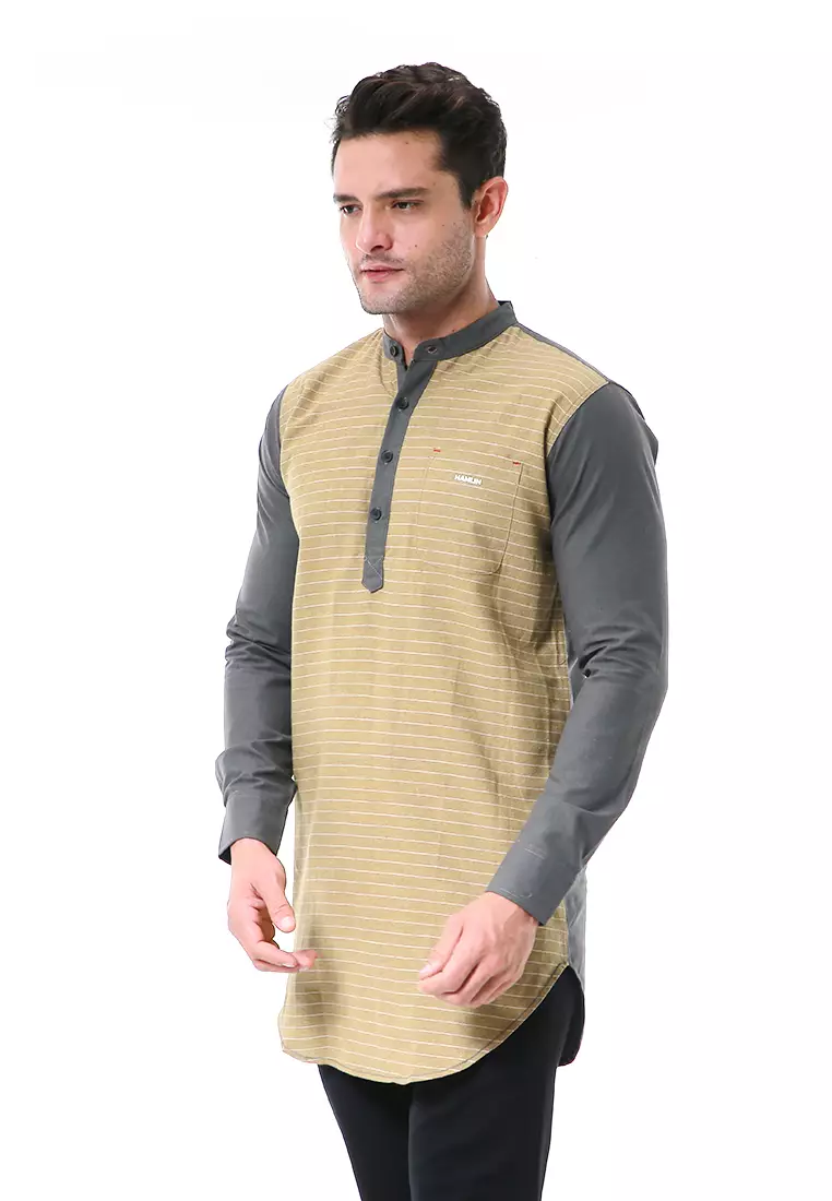 Leopold Kemeja Koko Pria Lengan Panjang Design Salur Full Variasi Material Cotton ORIGINAL - Gray Yellow