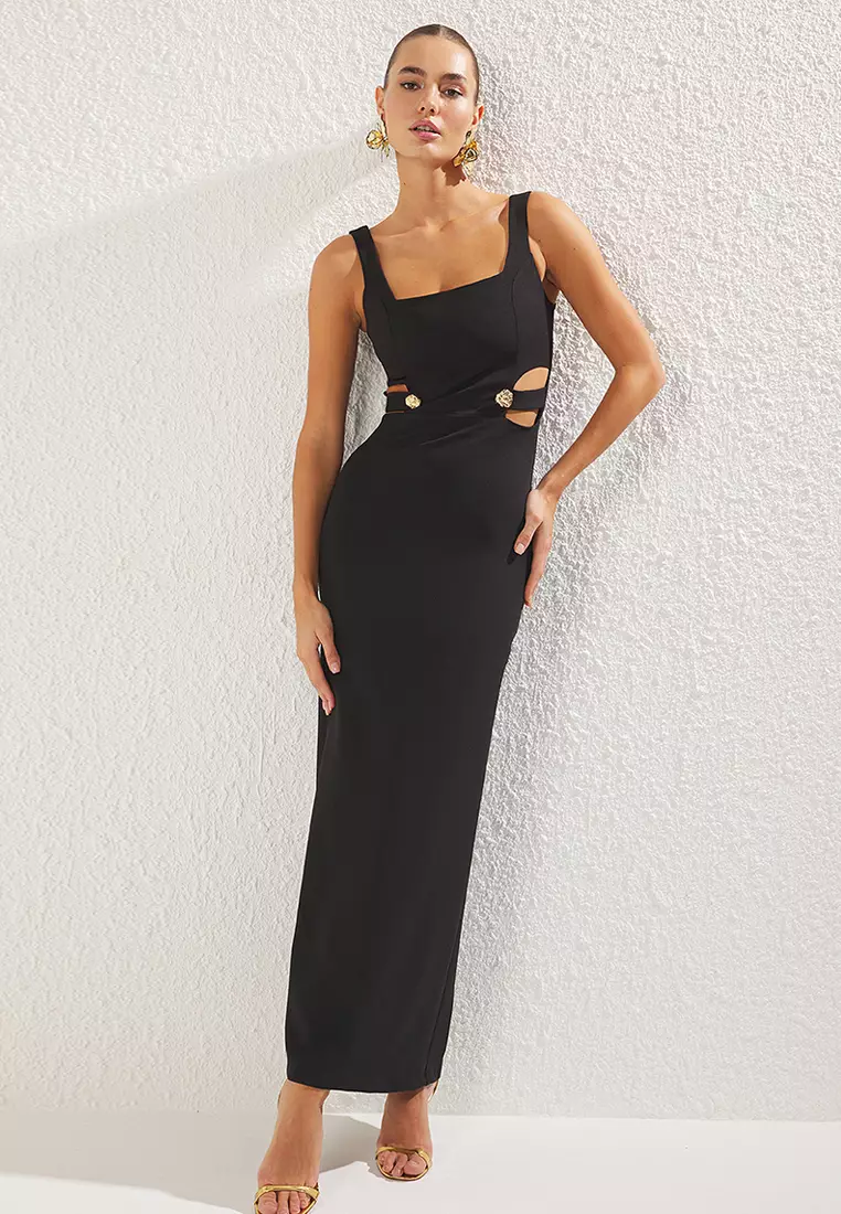 Black Accessory Detailed Woven Long Elegant Evening Dress Graduation Dress TPRSS25AE00079