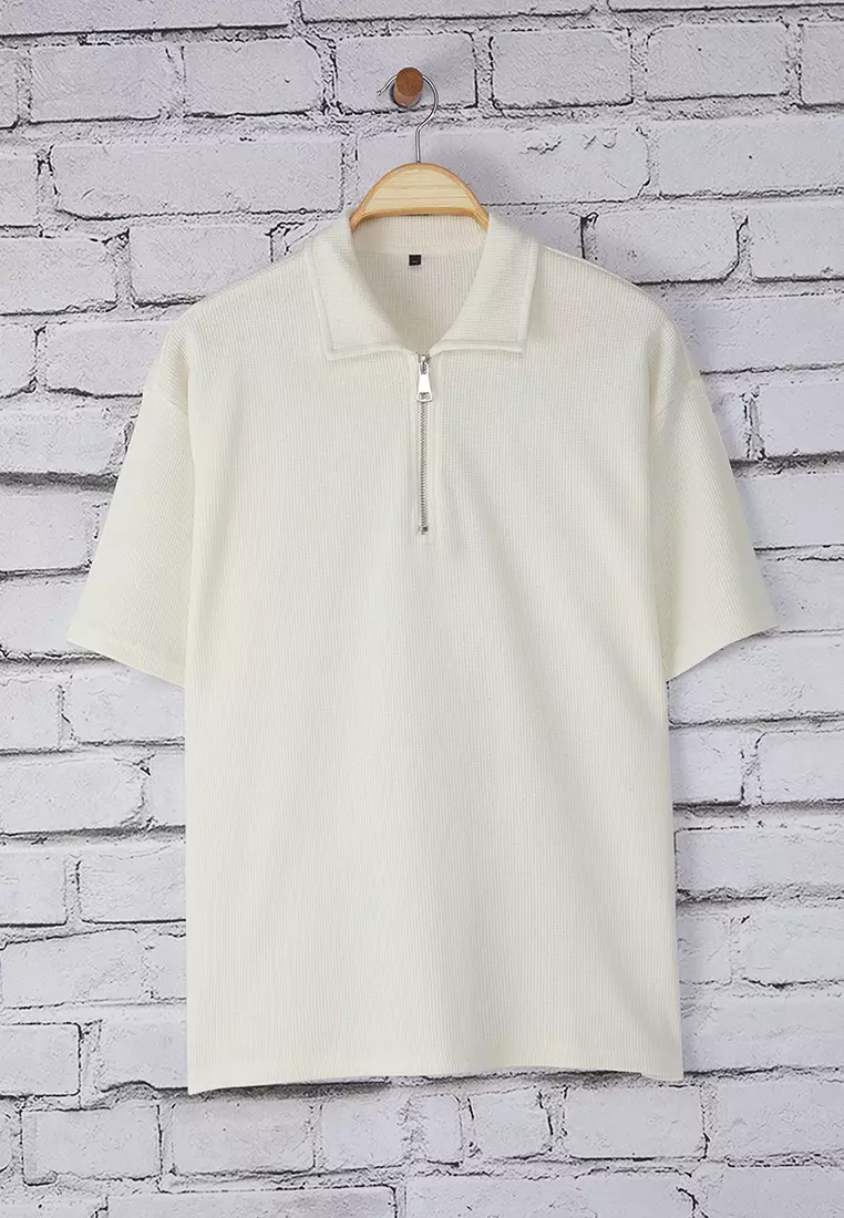Ecru Oversize/Wide Textured Cut Zippered Polo Neck T-shirt TMNSS25PO00006