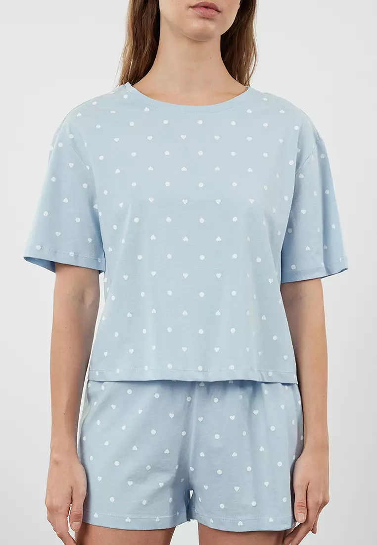 Blue 100% Cotton Polka Dot and Heart Shorts Knitted Pajama Set THMSS21PT1485