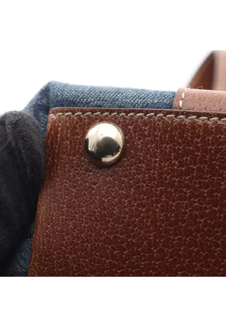 Pre-Loved Gucci Abby Interlocking G Handbag tote bag denim leather Navy Brown