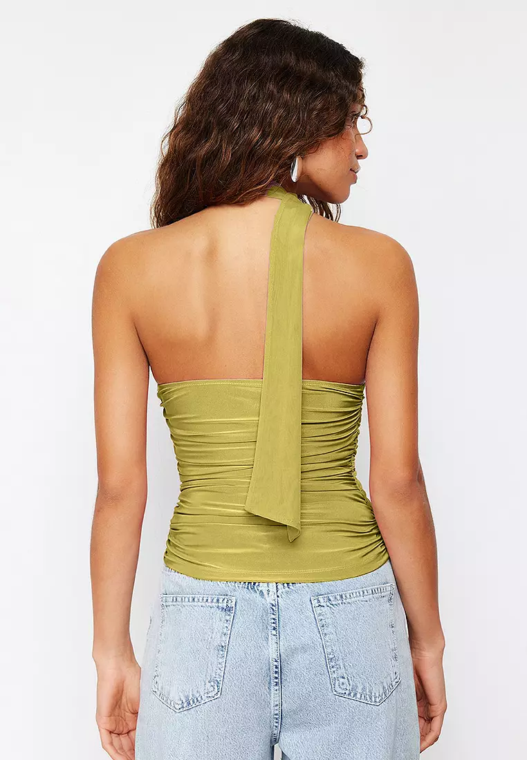 Oil Green Halter Neck Pleated Lined Flexible Knit Blouse