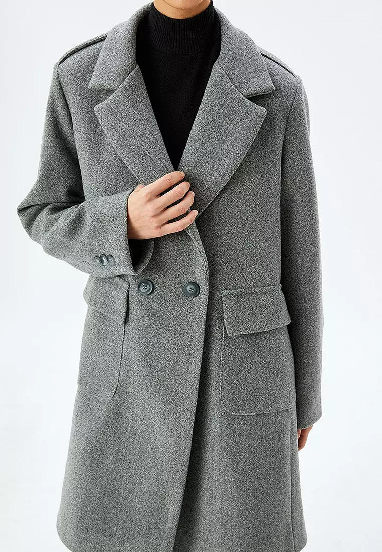 Long Cashmere Coat with Flap and Double Pocket Detail