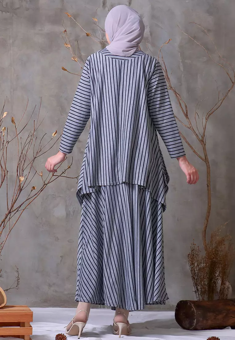 JV Hasanah Oneset Simple Stripes Grey | Setelan Rok Salur Layer Kanan Kiri